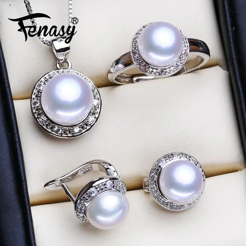 Set FENASY Collana con ciondolo in argento sterling 925 Set di gioielli con perle naturali per donne Orecchini classici Anelli per feste di moda