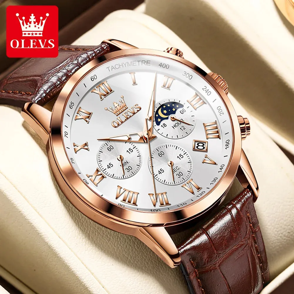 OLEVS quartz horloge voor heren chronograaf datumklok Moonswatch 41 mm grote wijzerplaat heren waterdicht maanfase manpolshorloge 240110