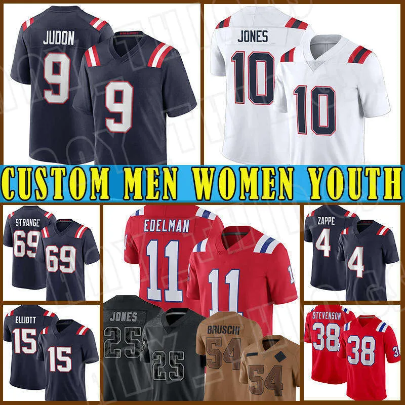 10 Mac Jones Julian Edelman Camisa de futebol JuJu Smith-Schuster Tom Brady New Englandes Patriotes Matthew Judon Rhamondre Stevenson Mike Gesicki Bailey Zappe Mills