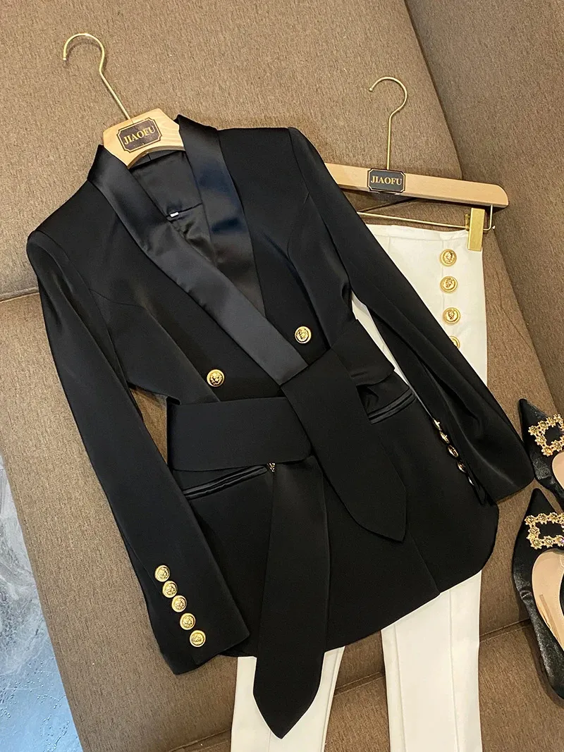 Arrivée Style européen qualité femmes manteau col châle Double boutonnage bureau dame solide Blazer avec ceinture 240110