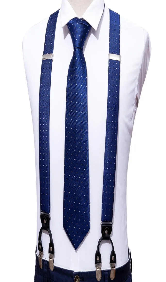 Blue Fashion Dot Adjustable YBack Silk Suspenders Set Neck Tie For Men Party Wedding YShape 6 Clip Suspenders BarryWang5834193