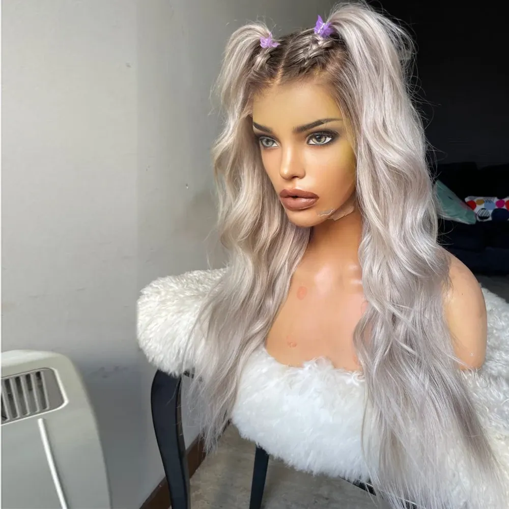 Peruvian White Silver Blonde Full Lace Front Wigs Dark Brown Roots Glueless Ombre Simulation Human Hair Wigs 200% Loose Wave Lace Front Wig HD