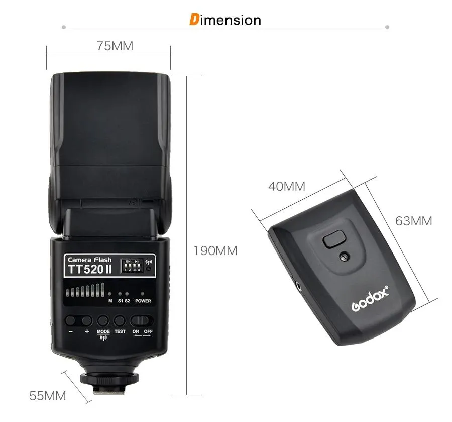 Delar Godox TT520 II Flash -ficklampa för Canon TT520II Wireless för Canon Nikon Pentax Olympus DSLR Camera Flash Synchronizer Flitser