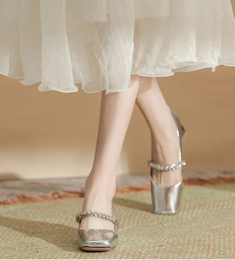 Dames retro lakleer Mary Jane schoenen met diamanten riem zilveren dikke hakken schoenen