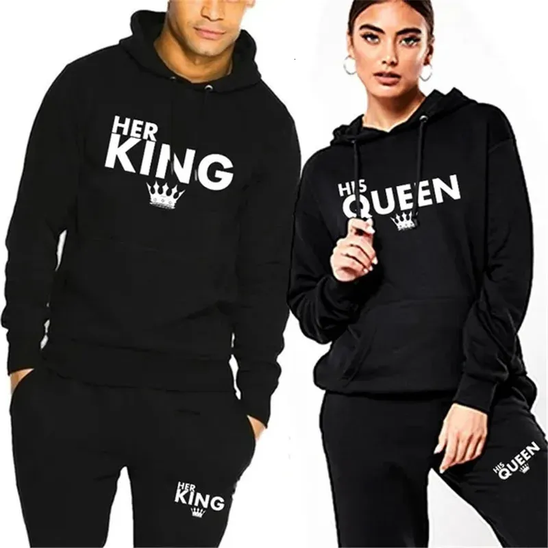 Lover-outfit Haar KONINGIN of zijn KONING Bedrukte trainingspakken Paar Hoodies Pakken Sweatshirt met capuchon en joggingbroek Tweedelige set S-4XL 240111