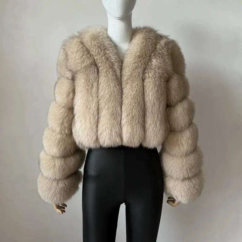 Casaco de pele de raposa com decote em v inverno mulher manga longa quente casaco de inverno moda feminina jaqueta de pele de luxo teddy chique outwear 240111