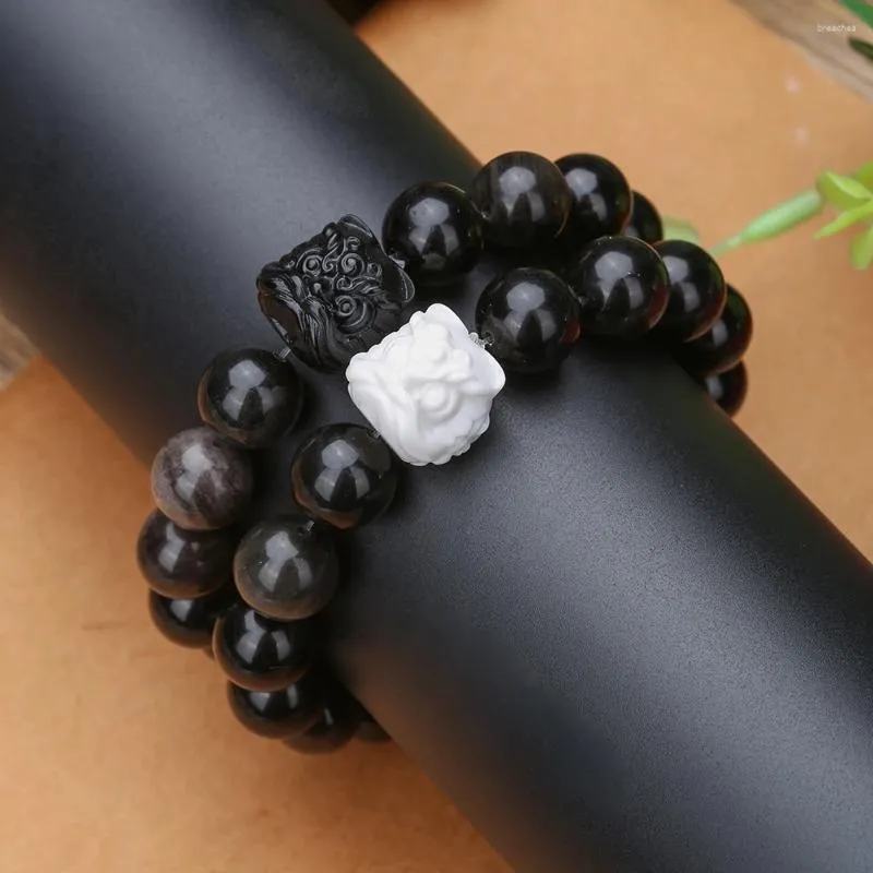 Bracelets de charme chinois à la mode Lion Bracelet pour femmes mode 12mm noir Onyx pierre à la main perle hommes bijoux Pulsera Hombre