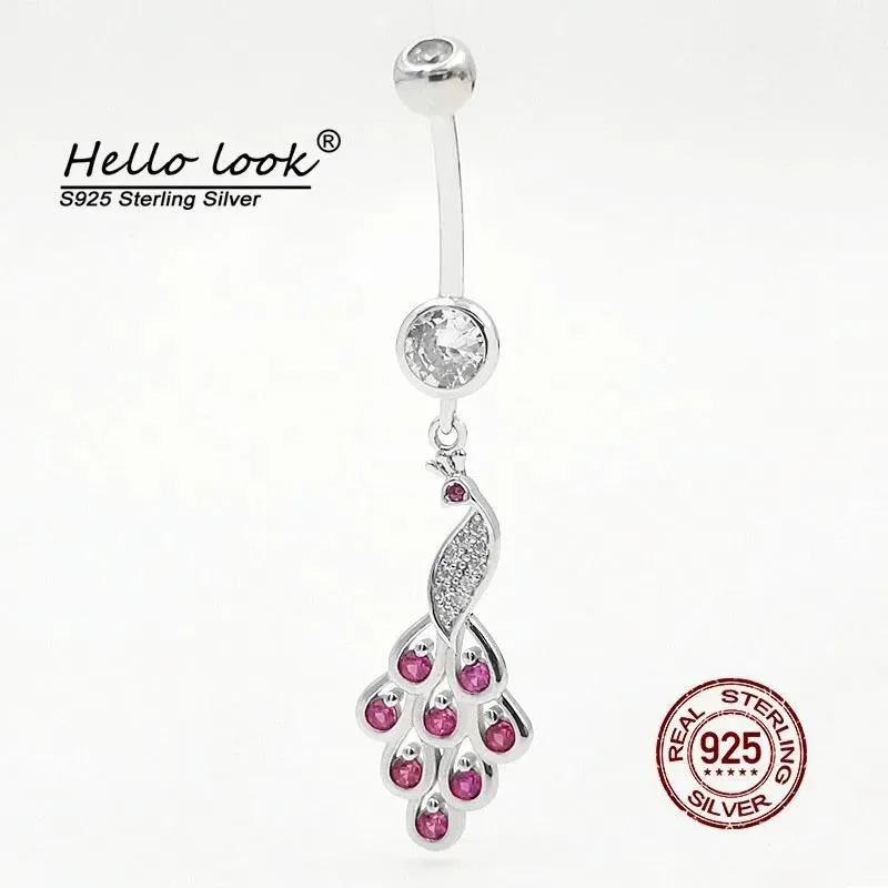 Gioielli HelloLook 2022 Anello per ombelico con pavone Anello in argento sterling 925 Piercing all'ombelico Rosa Zircone Anello penetrante per la pancia Gioielli per il corpo