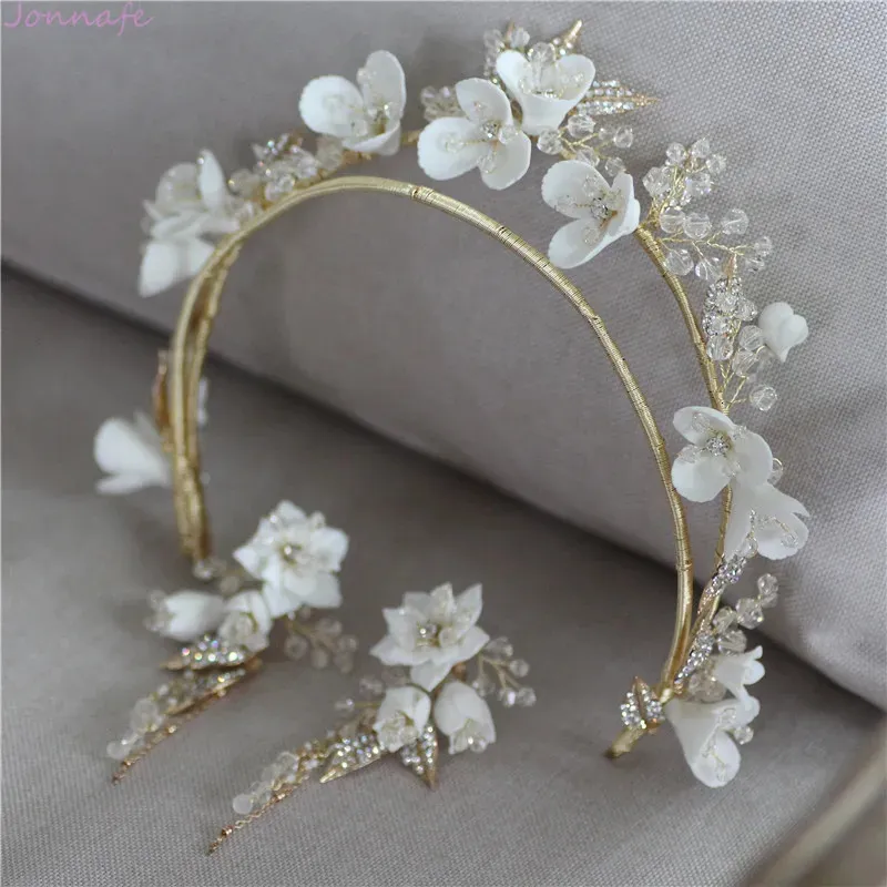 Jonnafe Porcelain Flower Wedding Crown Hair Tiara Rhinestone Bridal Jewelry Akcesoria do włosów ręcznie robione kobiety 240110