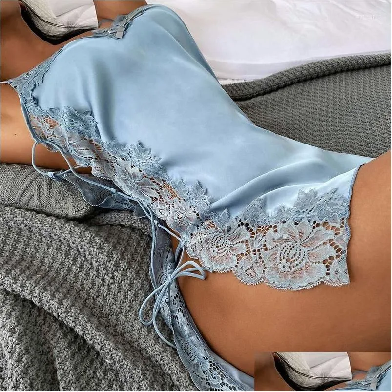 Damen-Nachtwäsche, Damen-Sommer-Frauen-Sexy-Pyjama-Nachthemd, erotisches Satin, bequemes Schlafkleid, Seitenverband, aushöhlen, Dessous, Spitze, niedrig, Dhbpi