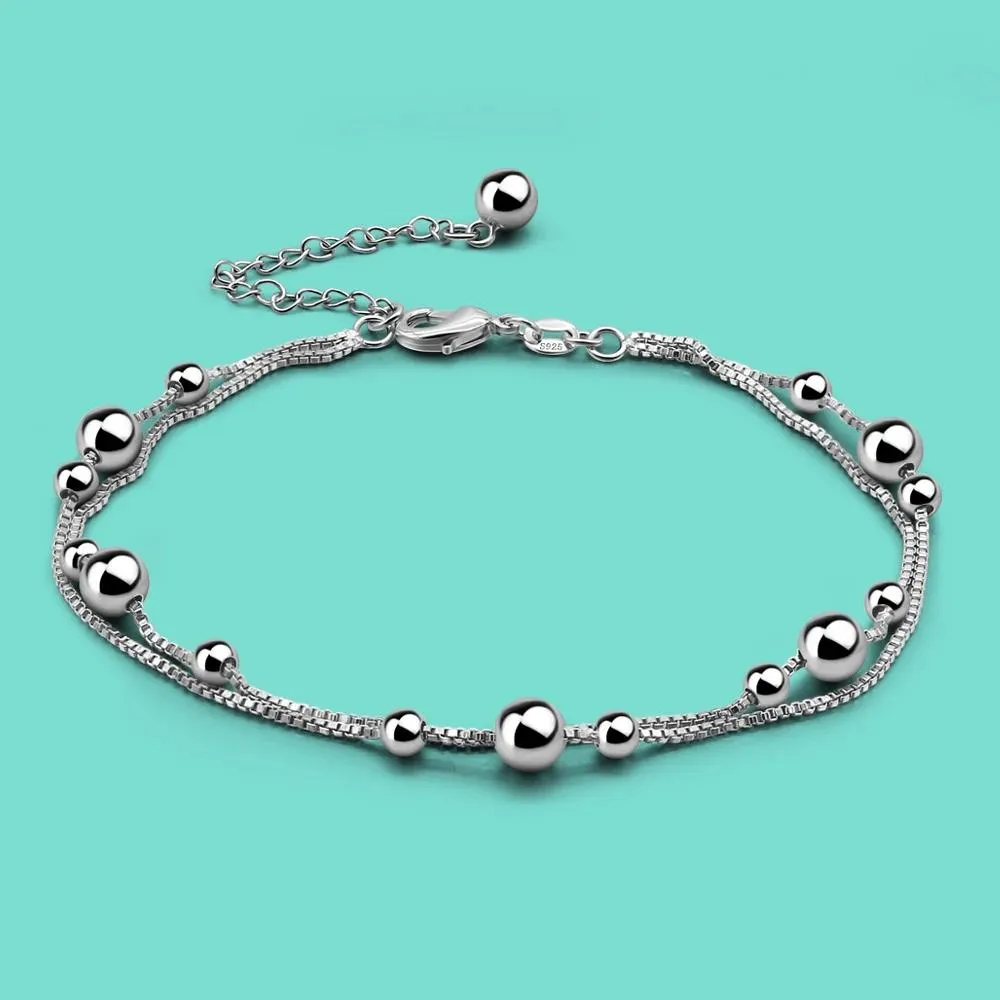 Anklets Women's 100% 925 Sterling Silver Anklet Minimalist Bead Box Chain Ankle Bracelet Summer Charm Jewelry Beach Foot Accessories