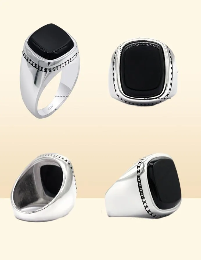 925 Sterling Silver Black Signet Ring For Men Square Agate Aqeeq Rings Turkish Men039s Fashion Jewelry Wedding Anniversary Gift4433939