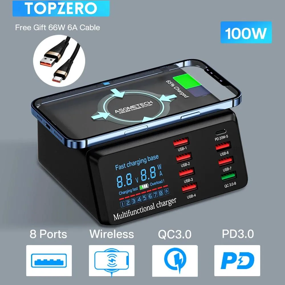 Зарядные устройства 100 Вт Multi Usb зарядное устройство Quick Charge 3 Type C Pd Fast Charger Беспроводное зарядное устройство USB-зарядная станция для Iphone 13 12 X Xiaomi