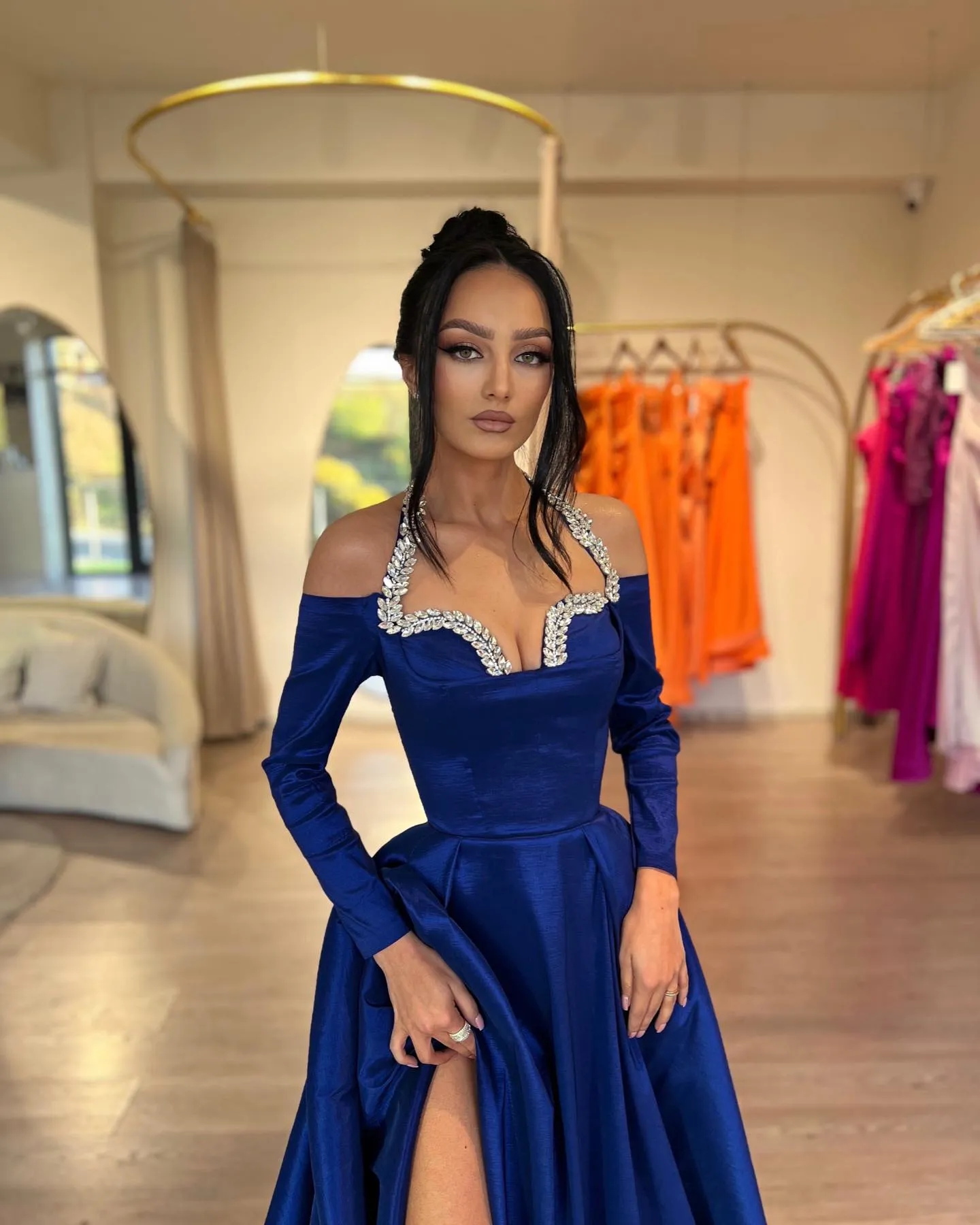 sachin and babi light blue dress Sky Blue Satin Mermaid Halter Long Prom Dresses, MP988 main image 1