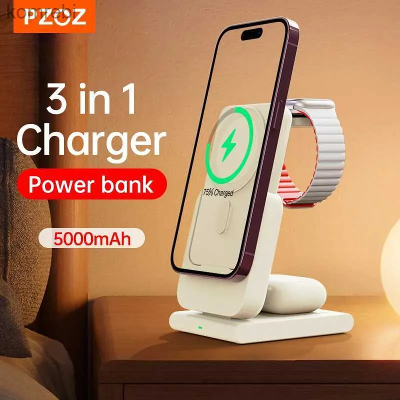 بنوك الطاقة الخلوية Pzoz PD 3 في 1 Power Bank 5000mAh حامل الهاتف المحمول الشاحن اللاسلكي PD شحن سريع محمول للـ iPhone 14L240111