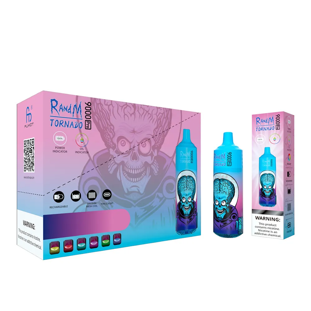 100% RandM Tornado 9000 Pro sbuffi E sigaretta Kit monouso ricaricabile Dispositivo 950mAh Batteria 18ml Prezzo Con codice di sicurezza Vape Pen 52 colori