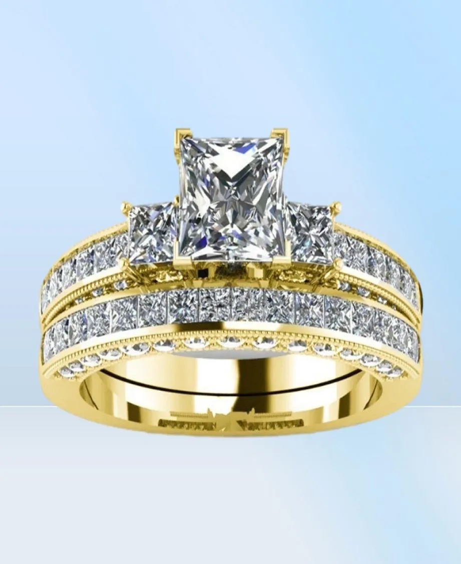 Moda feminina ouro nupcial anel de casamento conjunto moda jóias cheias de ouro promessa cz pedra anéis de noivado para mulheres 9332028