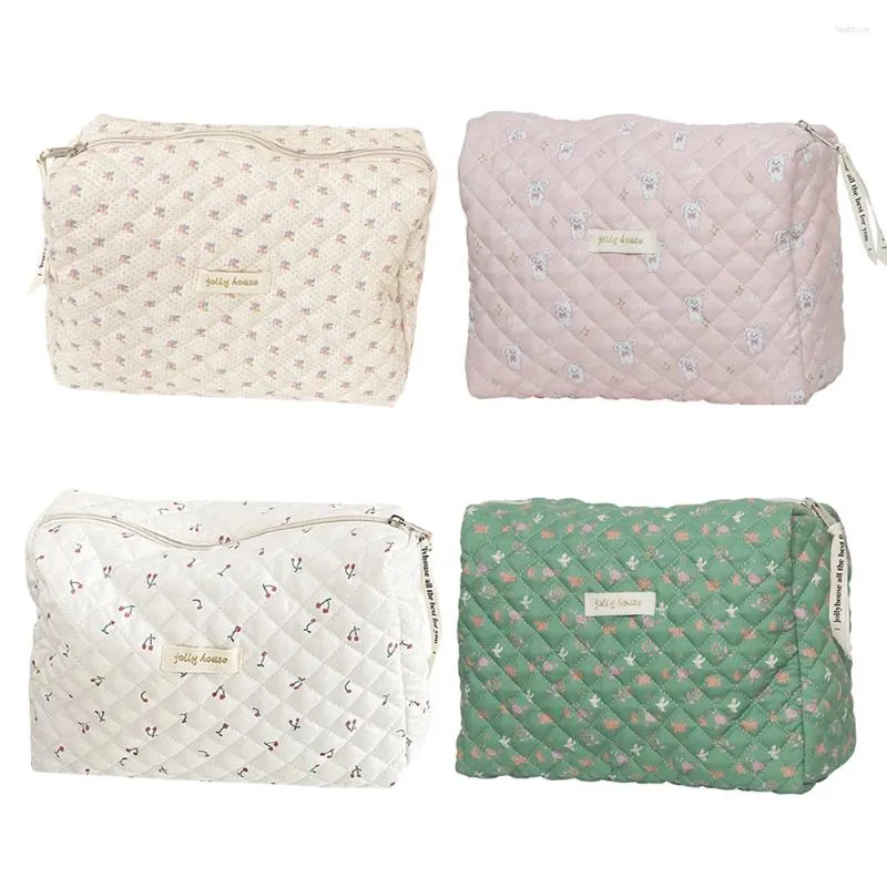 Borse per cosmetici Borsa da donna con cerniera Borse per trucco trapuntate coreane Beauty case portatile Stampa floreale Grande capacità per ragazze da donna