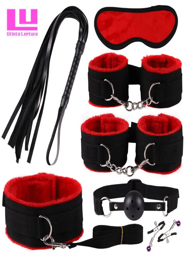 Utinta Leptura 7 en 1 fétiche sexe bondage femme esclave retenue jeux pour adultes jouets sexuels pour couples menottes pinces à tétons fouet Y19074793221