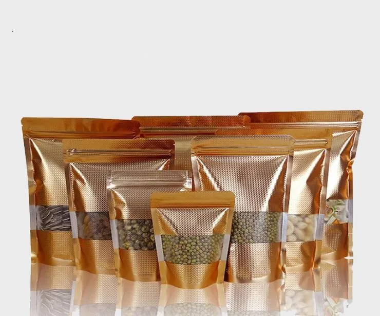 100 stuks gouden reliëf staande verpakking rits ritssluitingszak met helder venster reseslable verpakking mylar gouden zakje bags3119268