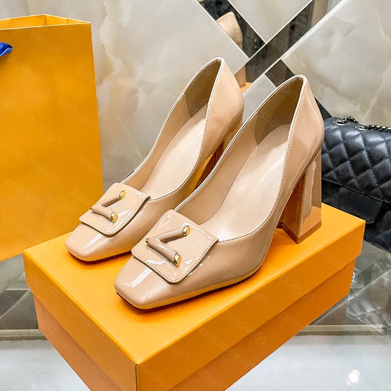 Luxury Chunky Heels Designer High Heel Patent Leather Sandals Bag Buckle Fashion Women Apricot Black