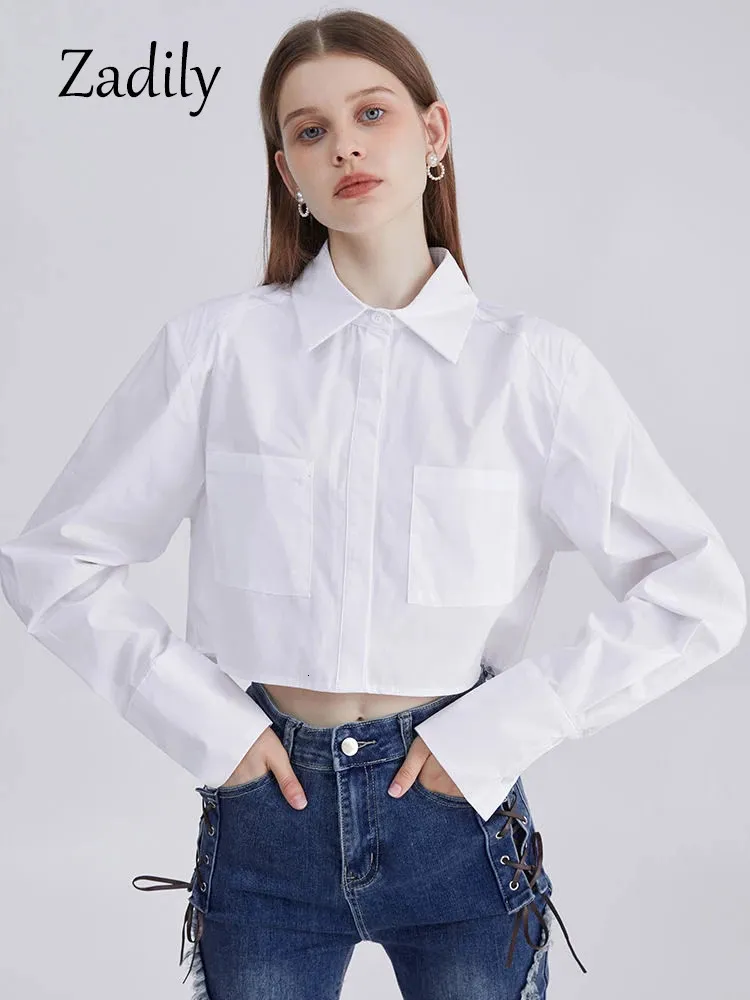 Zadily Summer Office Lady Long Sleeve Women White Crop Shirt Y2K Style Button Up Woman Blouse Work Lemany Clothing Tops 240111