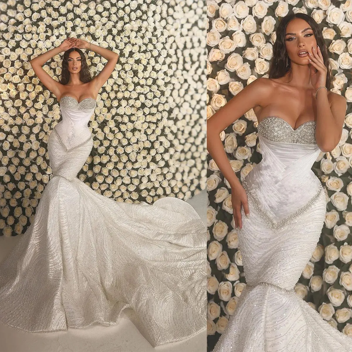 Abito da sposa classico a sirena con paillettes e perline, abito da sposa per donna, con scollo a cuore, abiti slim fit senza maniche, realizzato su misura