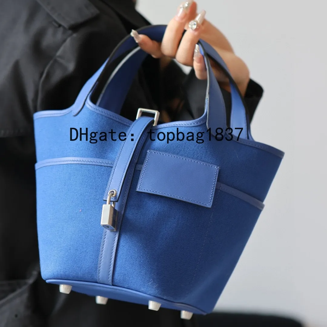 Borsa tote di design borsa a secchiello 18 cm 10A specchio qualità blu totale fatta a mano Borsa multifunzionale di lusso in tessuto patchwork speciale stile personalizzato con scatola originale