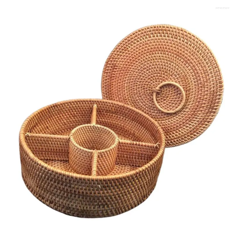 Set di stoviglie Cesto di frutta intrecciato Vassoio per snack in rattan Organizzatore da picnic rotondo Contenitore per servire con coperchio Ciotola di stoccaggio in vimini Contenitore per pane