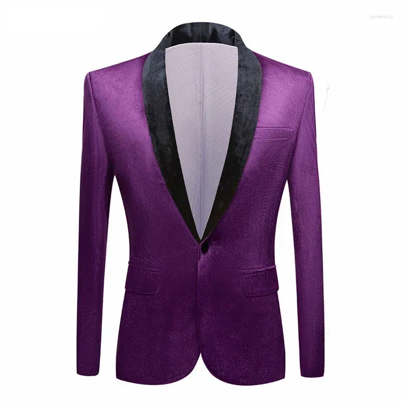 Men's Suits Mens Purple Fashion Velvet Suit Jacket Slim Fit Shawl Collar One Button Blazers Wedding Groom Dinner Party Costumes