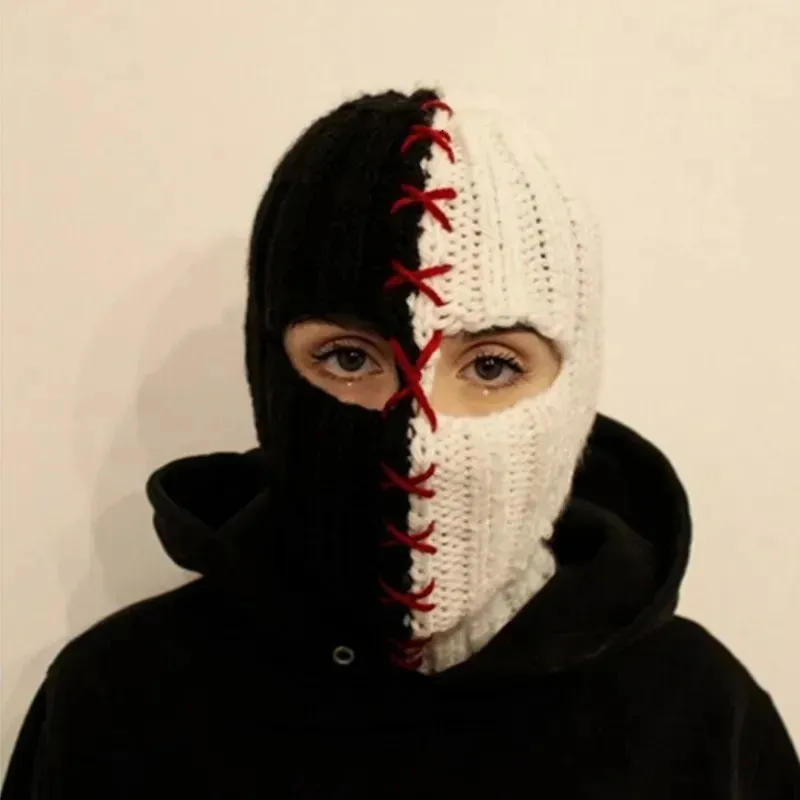 Aterrorizante fantasma de malha inverno balaclava balde chapéu de cabeça cheia halloween cosplay preto e branco costura balaclava 240110