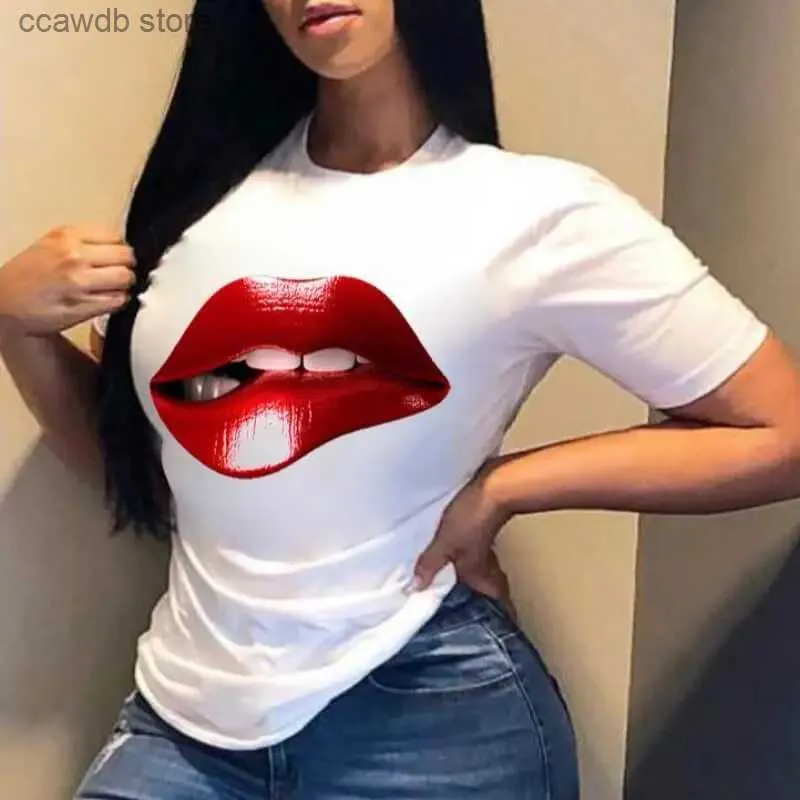 Damen T-Shirt Frauen T-Shirt Buchstabe Lippen Cartoon Print Mode Funy Kleidung Tees Lady T240110