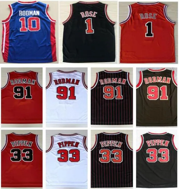 Mens Sports Jersey Embroidery 1 Derrick Rose Jersey The Worm 91 Dennis Rodman 33 Scottie Pippen Jersey Red White Black Shirts S3570640