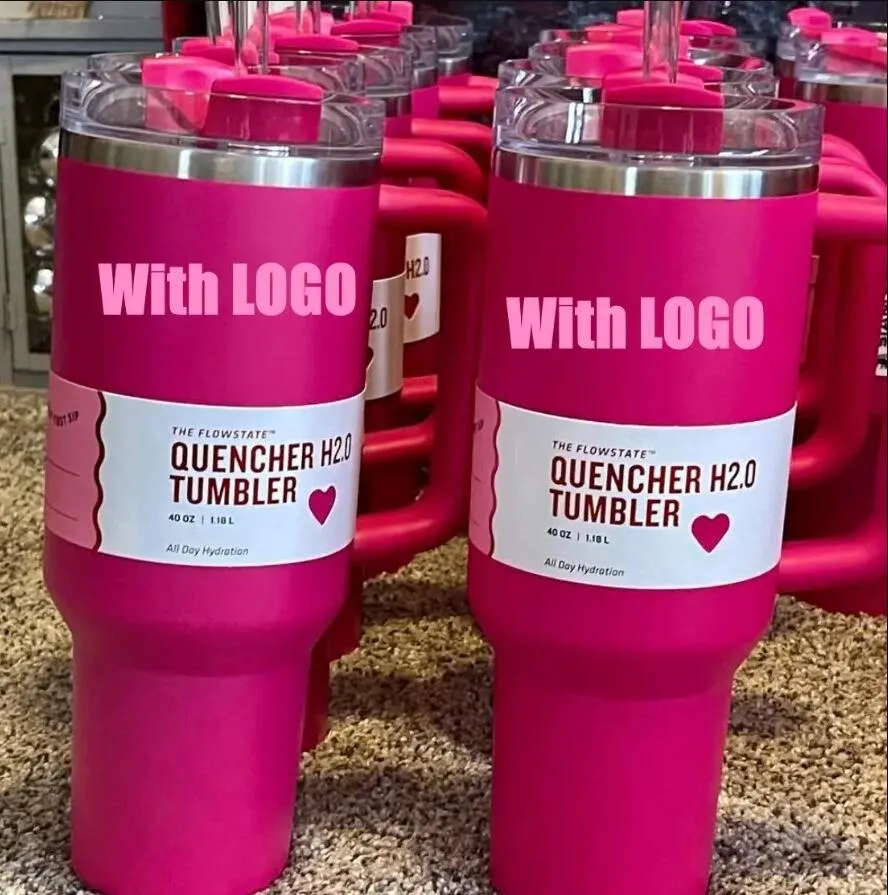 40OZ mokken Cosmo Pink ParadeTumblers met handvat, deksels en rietje geïsoleerde autobekers roestvrij staal koffie Valentijnsdag geschenk roze glitter 1:1 logo 0111