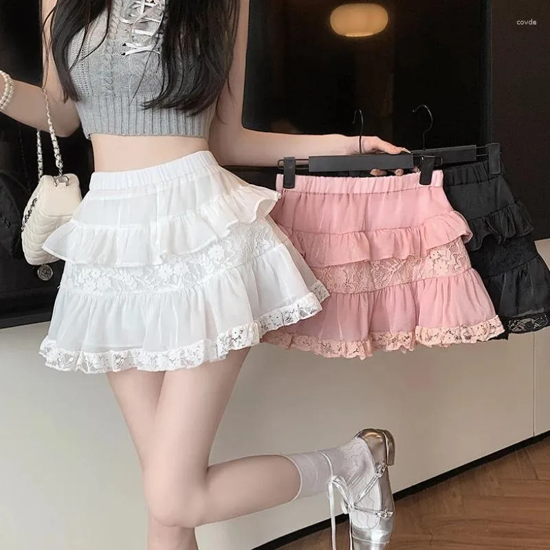 Kawaii Mini Skirt - Womens Lace Ruffle High Waist A-Line