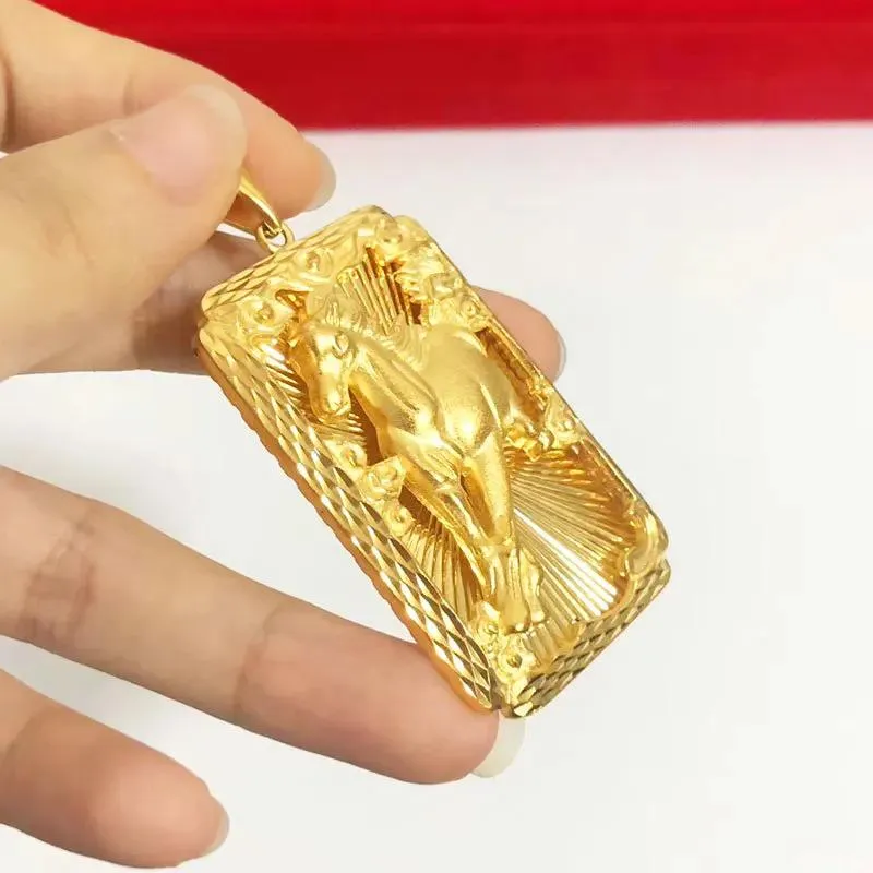 Necklaces Luxury Gold 24K Color Rectangle Eagle Horse Pendant for Men Women DIY Tag Pure Gold Pendant Birthday Fine Jewelry Gifts