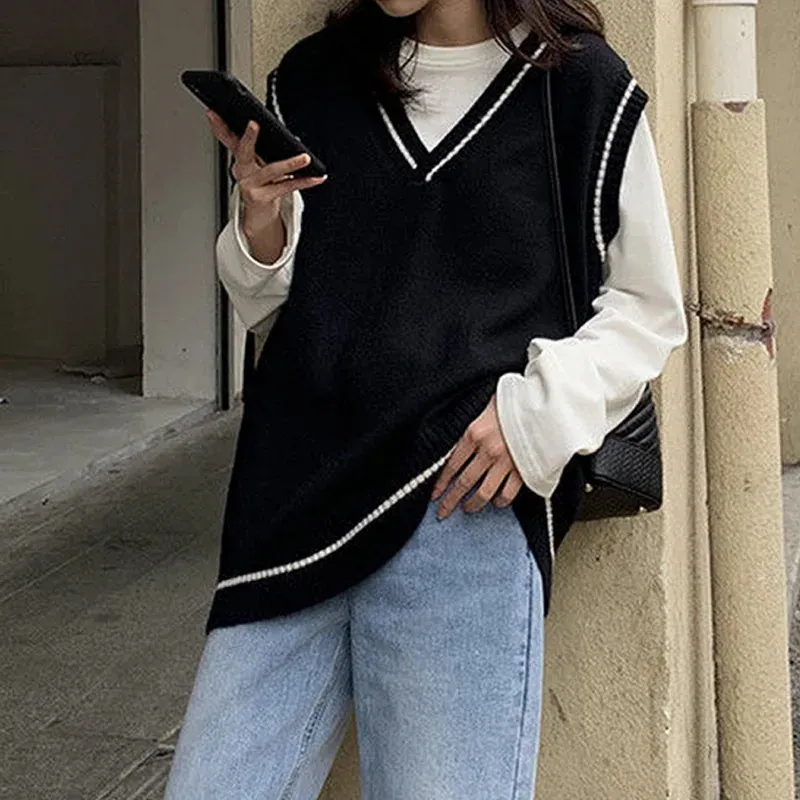 Y2k estilo feminino camisola de malha colete 2023 malhas oversized allmatch pulôver topos com decote em v sem mangas meninas retro jumpers 240111