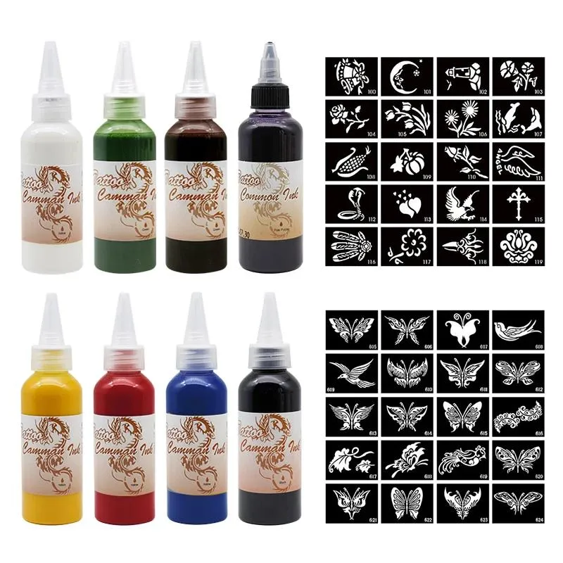 Borstar Tillfälliga tatueringar Bläck Semi Permanent Airbrush Ink For Body Art Gloss Tint Paint Pigment Makeup levererar 2 flaskor + bonus