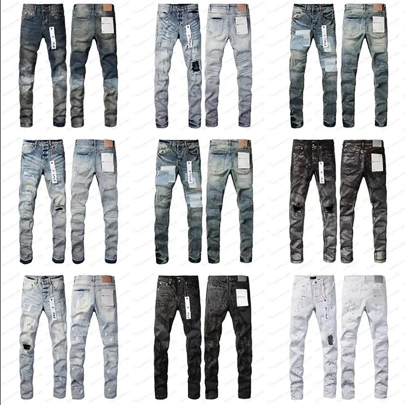 Designer jeans High street Vintage Style Verfinkt blauwe patches broek kniegaten ontwerp gepersonaliseerde veelzijdige gebroken stretch jeans voor heren