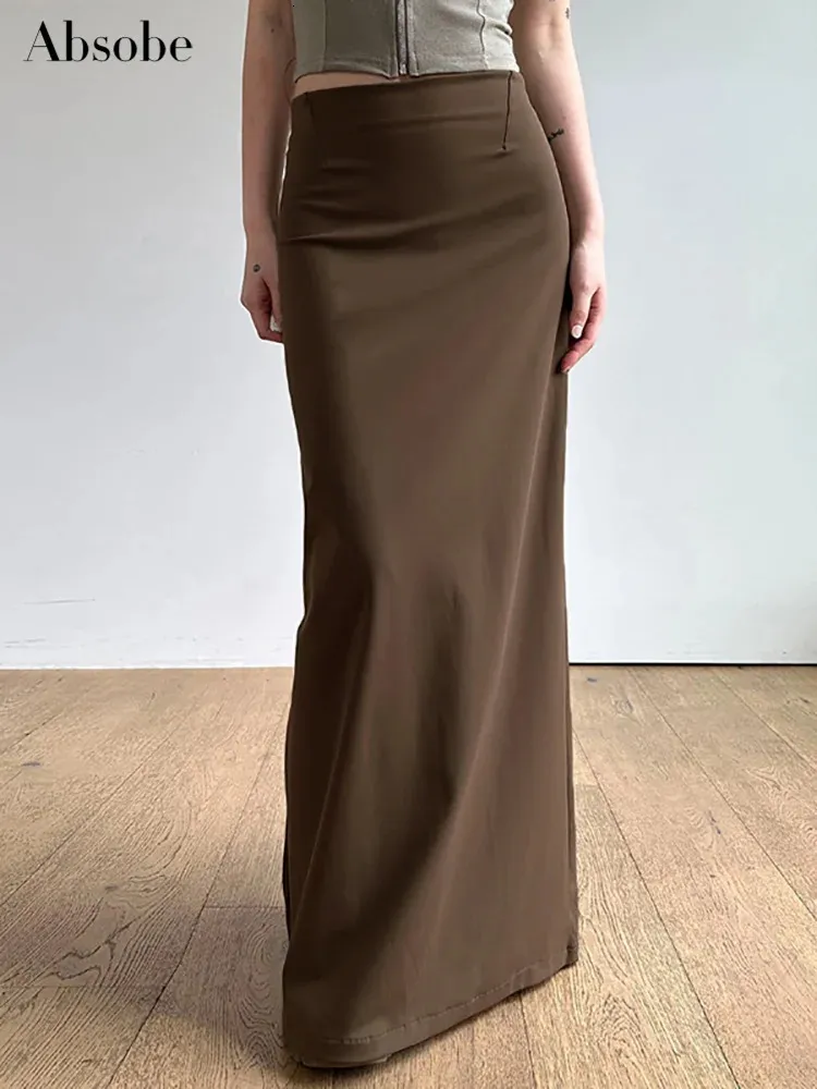 Absobe Sticked Solid Color Wrap Maxi kjol Kvinnor Back Slit High midje Slim Office Lady Lady Half Length Kjol Tie Outfit 240111