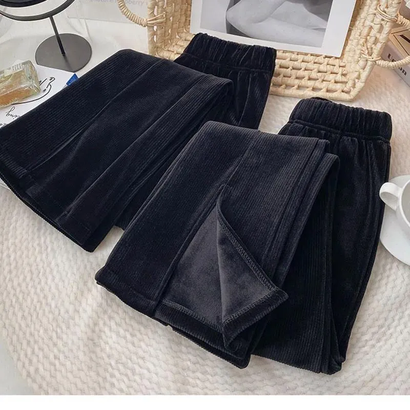 Женские брюки, женские зимние плюшевые утепленные брюки, корейские повседневные универсальные бархатные брюки с высокой талией, черные женские брюки с микро-рогами