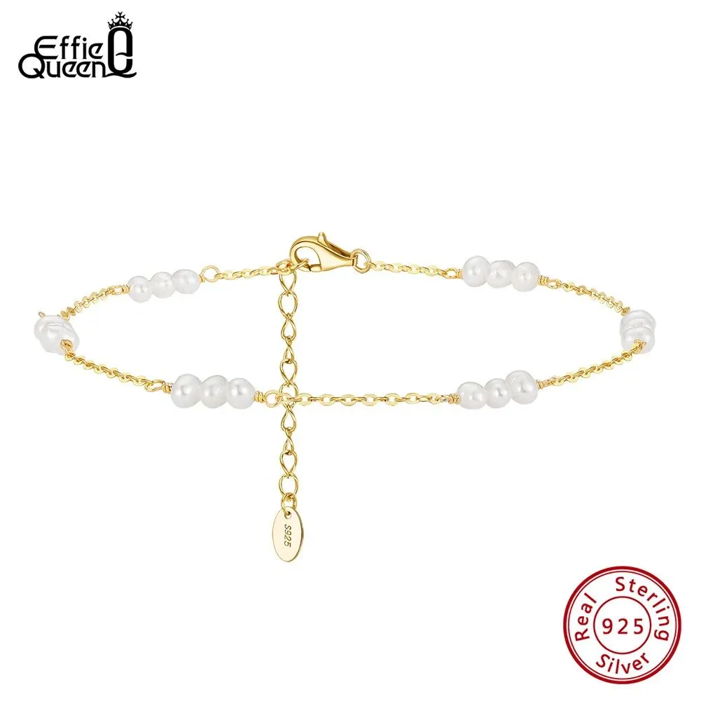 Anklets Effie Queen Fashion 925 Sterling Silver Natural Pearl Chain Anklets for Women Summer Beach Foot Chain Ankle Straps Jewelry SA36