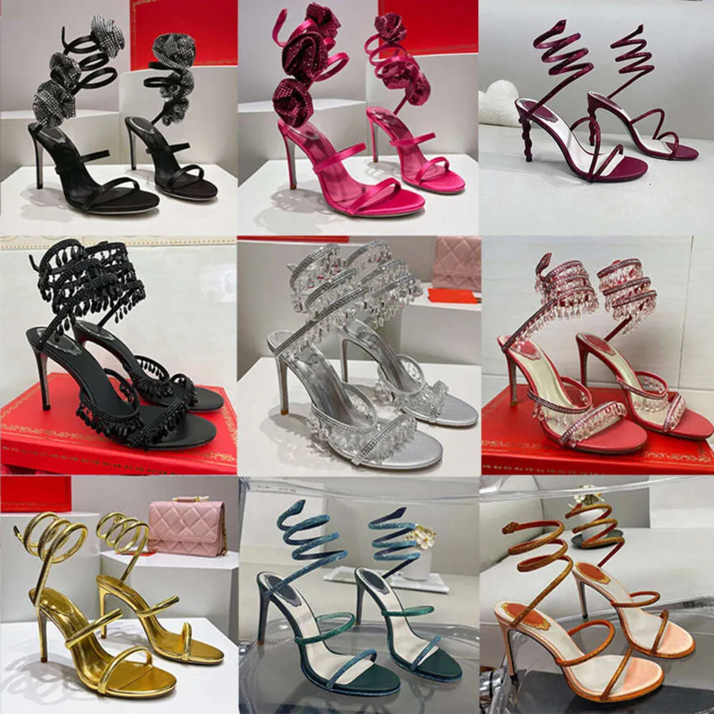 Rene Caovilla Absatzschuhe Kristall Designer Sandale Strass besetzte Schlangen Strass Schuhe Luxus Sandalen mit Box 508