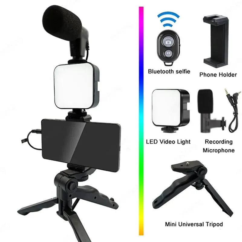 Trépieds Support de téléphone Photographie Éclairage Smartphone Kit Vidéo Microphone Led Selfie Trépied Poignée D'enregistrement Support Stabilisateur Portable
