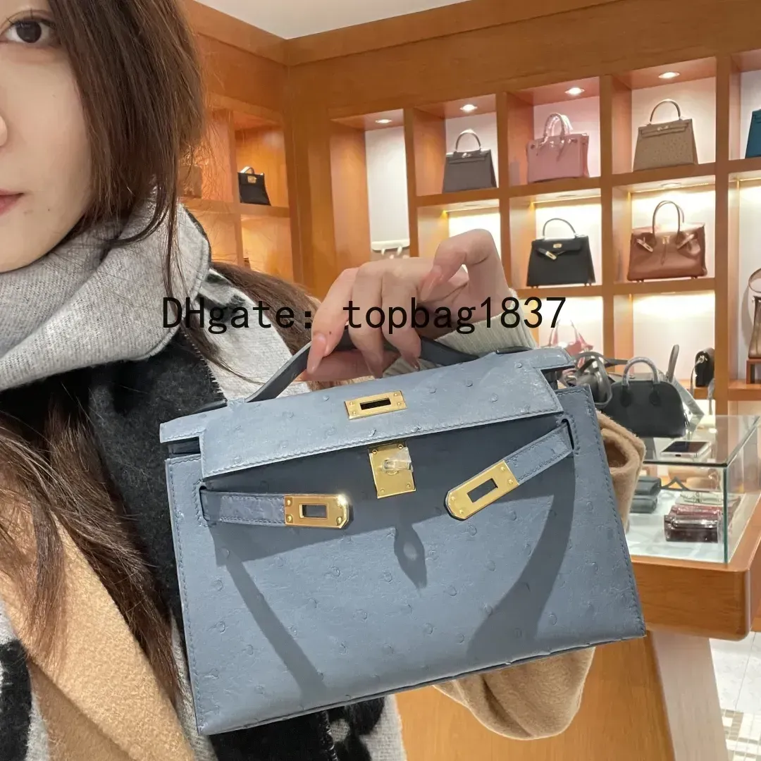 Designer handbags bag 22cm crossbody 10A mirror quality Outer Stitching Brand total Handmade Ostrich skin Classic Large Capacity Limited edition suede with box