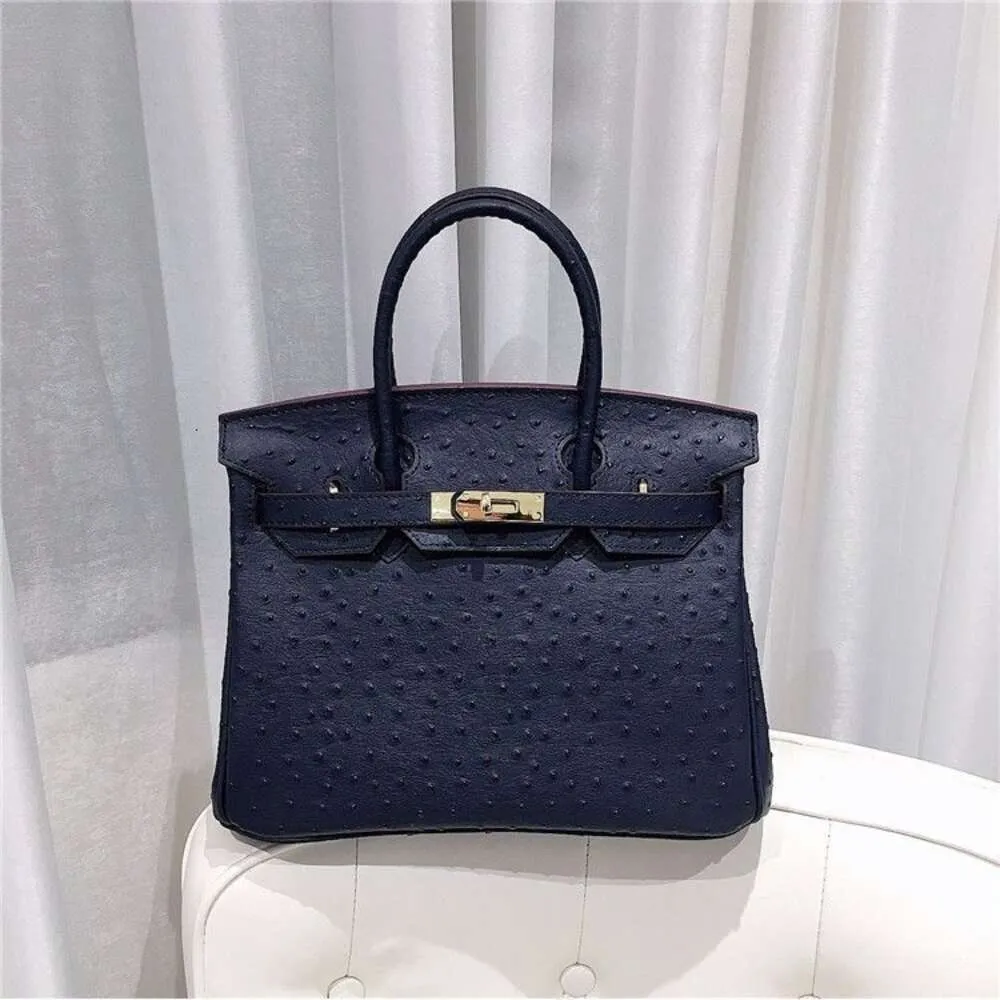 Designer Bags Luxury Fashion Totes 2023 New Dark Blue Ostrich Cow Leather Bag Leather Lady Handbag Temperament Fashion Versatile Bag Woman