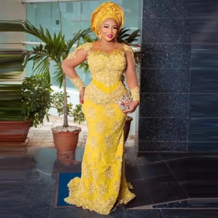 Custom-made Vintage Yellow Lace Aso Ebi Formal Yellow prom dresses 2023 for African Women with Long Sleeves - Perfect for Nigerian Birthday Gowns in