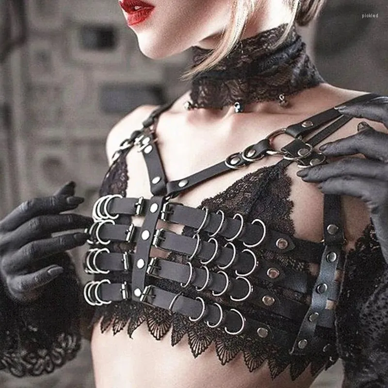Belts Goth Punk Black Leather Bra Harness Metal Chain Crop Tops Hollow Out Party Cosplay Clothing Halloween Adjust Straps Women