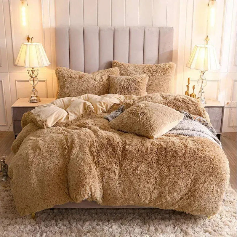 Luxo ultra macio quente macio conjunto de cama pelúcia shaggy cama capa edredão suprimentos do quarto doméstico macio pelúcia shaggy capa edredão 240111