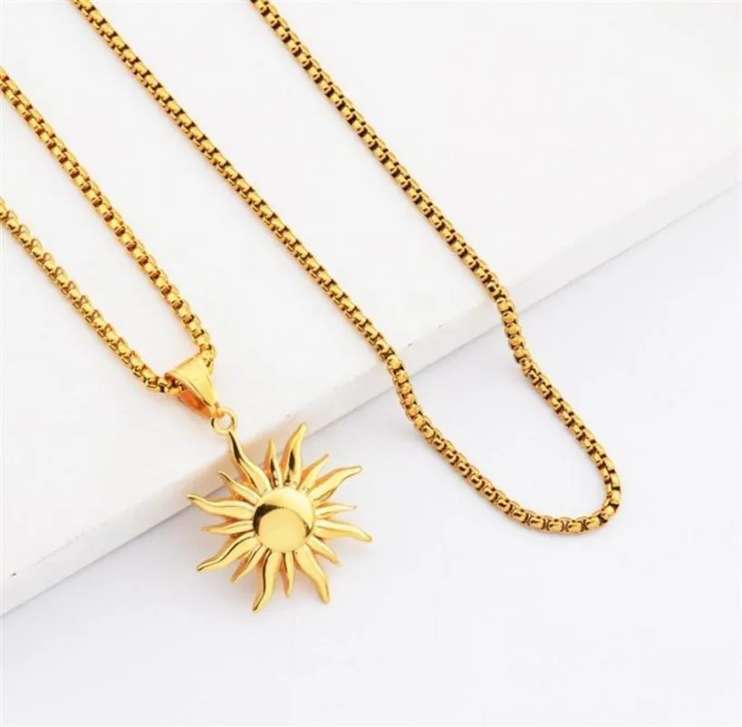 Fashion Hip Hop Jewelry Sun Pendant Necklaces Men 18k Gold Plated 70cm Long Chain Stainless Steel Design220K5209821